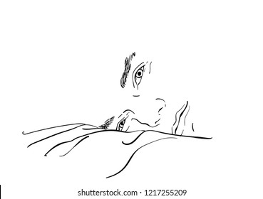 Sketch of handsome man face laying in bed, Hand drawn vector linear illustration