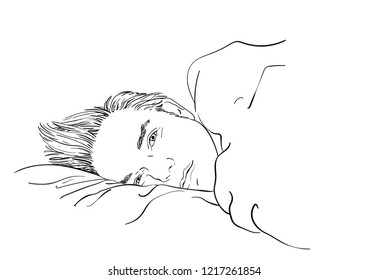 Sketch of handsome man laying in bed with sleepy open eyes, Hand drawn vector linear illustration