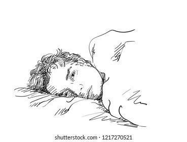 Sketch of handsome man laying in bed with sleepy open eyes, Hand drawn vector illustration with cross hatching