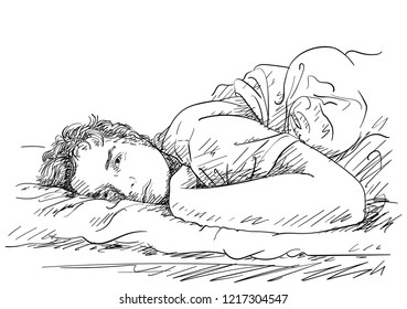 Sketch of handsome man laying in bed with sleepy open eyes, Hand drawn vector illustration with cross hatching