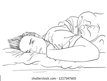 Sketch of handsome man laying in bed with sleepy open eyes, Hand drawn vector linear illustration