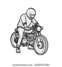 Sketch Handsome Rider riding Motorcycle with  helmet check his motorcycle Japanese style or bobber style or scramble style or cafe racer style isolated on white background vector modern illustrations