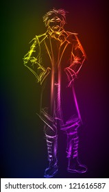 Sketch. Handsome stylish man. Hand-drawn fashion model from a neon. A light man