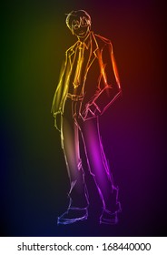 Sketch. Handsome stylish man. Hand-drawn fashion model from a neon. A light man