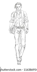 Sketch. Handsome stylish man showcasing street fashion