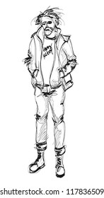 Sketch. Handsome stylish man showcasing street fashion