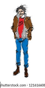 Sketch. Handsome stylish man showcasing street fashion