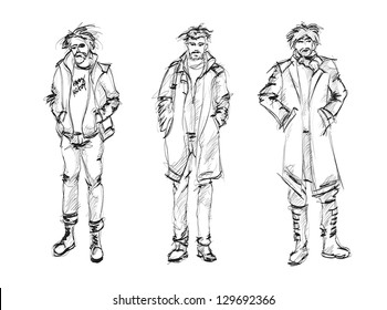 Sketch. Handsome stylish man showcasing street fashion