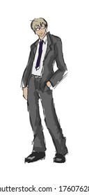 Sketch. Handsome stylish man showcasing street fashion