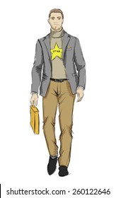 Sketch. Handsome stylish man showcasing street fashion