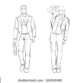 Sketch. Handsome stylish man showcasing street fashion