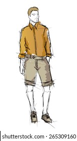Sketch. Handsome stylish man showcasing street fashion