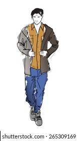Sketch. Handsome stylish man showcasing street fashion