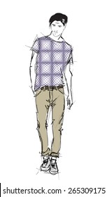 Sketch. Handsome stylish man showcasing street fashion