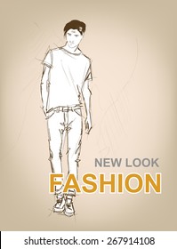 Sketch. Handsome stylish man showcasing street fashion