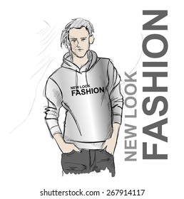 Sketch. Handsome stylish man showcasing street fashion