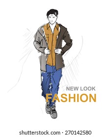 Sketch. Handsome stylish man showcasing street fashion