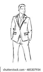 Sketch. Handsome stylish man showcasing street fashion