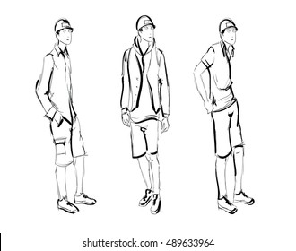 Sketch. Handsome stylish man showcasing street fashion