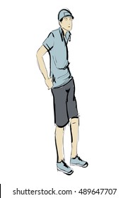 Sketch. Handsome stylish man showcasing street fashion