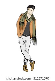 Sketch. Handsome stylish man showcasing street fashion