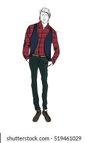 Sketch. Handsome stylish man showcasing street fashion