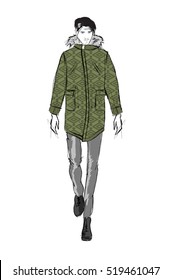 Sketch. Handsome stylish man showcasing street fashion