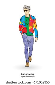 Sketch. Handsome stylish man showcasing street fashion