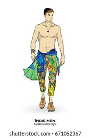 Sketch. Handsome stylish man showcasing street fashion