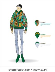 Sketch. Handsome stylish man showcasing street fashion