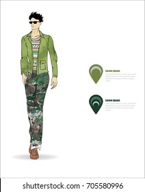 Sketch. Handsome stylish man showcasing street fashion