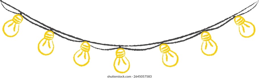 A sketch of hanging string lights garland with hand-drawn bulbs on a simple wire. Decorative lamps dangle in a casual arrangement, creating a festive atmosphere. Cartoon vector illustration.