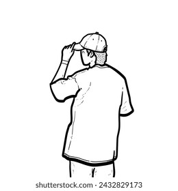 Sketch Happy boy or man or guy facing back side with cool style cap tshirt pants on white Background vector modern illustration