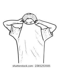 Sketch Happy boy wear t-shirt in hiding pose isolated on white background vector modern illustrations