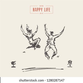 Sketch of a happy couple of loving people, jumping on bed. Concept of freedom, new house, happiness, hand drawn vector illustration