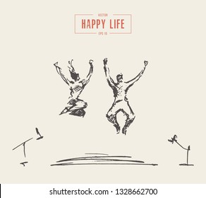 Sketch of a happy couple of loving people, jumping on bed. Concept of freedom, new house, happiness, hand drawn vector illustration