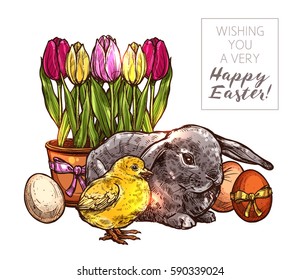 Sketch Happy Easter Color Illustration With Tulips, Rabbit, Chicken And Easter Eggs. Hand Drawn Greeting Card