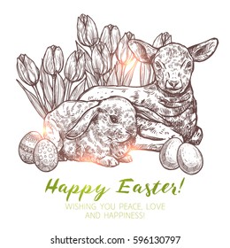Sketch Happy Easter Monochrome Illustration With Baby Sheep, Tulips, Grey Rabbit And Easter Eggs. Hand Drawn Greeting Card