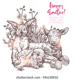 Sketch Happy Easter Monochrome Illustration With Baby Sheep, Rabbits, Chicken, Bouquet With Tulips, Willows, Apple Blossom Branches And Easter Eggs. Hand Drawn Greeting Card
