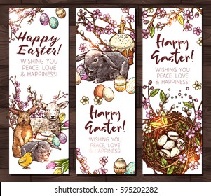 Sketch Happy Easter Vertical Banners. Hand Drawn Design