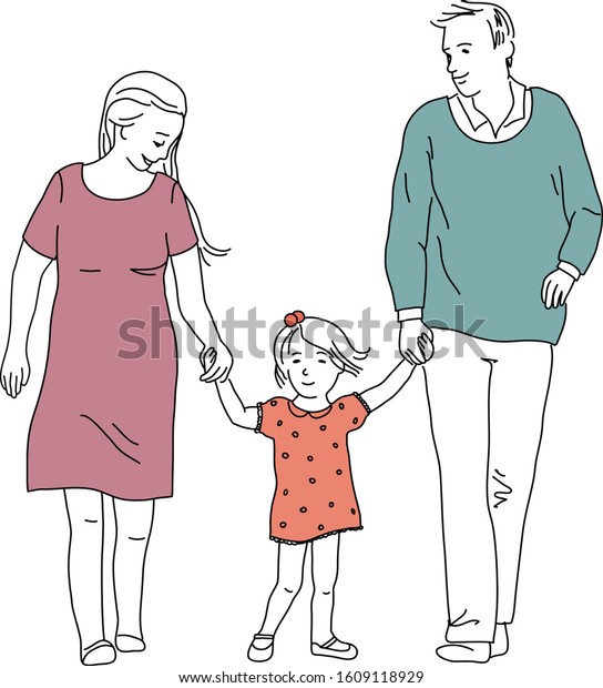 Sketch Happy Family Moms Dad Daughter Stock Vector (Royalty Free