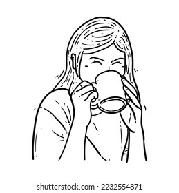 Sketch Happy girl drinking cup of coffee on white background modern vector illustration