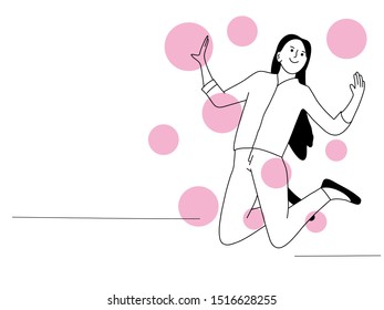 Sketch of happy girl jumping. Hand drawn vector illustration.