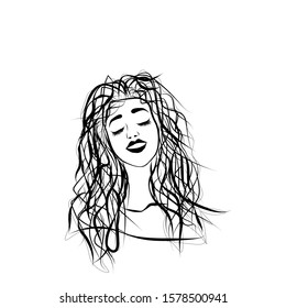 Sketch of a happy girl with a smile on her face and eyes closed isolated on white background. Stock vector illustration for decoration and design, for postcards and posters, for business, web pages