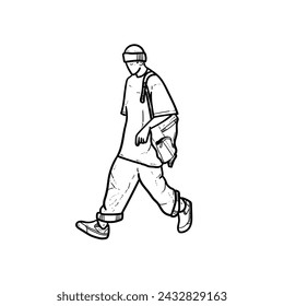 Sketch Happy guy or man or boy t-shirt bag jeans pants walk pose for good style isolated on white background vector modern illustrations