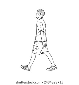 Sketch Happy guy or man or boy t-shirt walk pose for good style isolated on White background vector modern illustrations