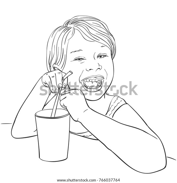 Sketch Happy Laughing Little Girl Drinking Stock Vector (Royalty Free