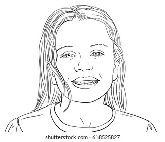 Sketch of happy little girl with long undressed hair, Hand drawn illustration