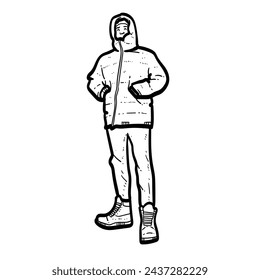 Sketch Happy man guy boy winter jacket hoodie pants shoes man boy with smiling white Background vector modern illustration