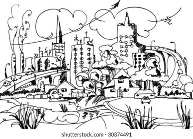 sketch of the happy modern city Please, SEE COLOR VERSION